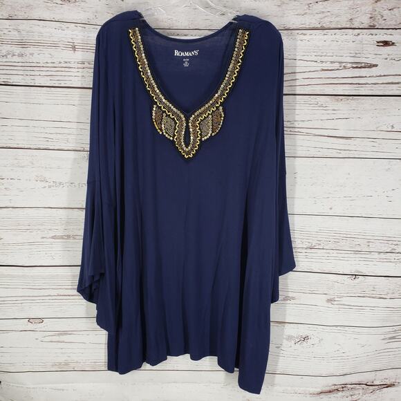 Roaman's Tops - ROAMAN'S  Women's Navy Blue Beaded Front Bell Sleeve Top Blouse Size 1X